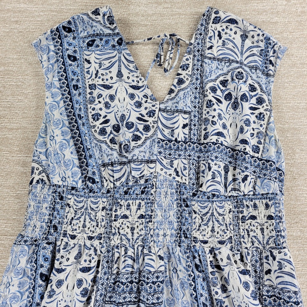 Old Navy Dress 2X Blue White V Neck V Back Tie Smocked Waist Boho Summer Beach - Picture 7 of 14